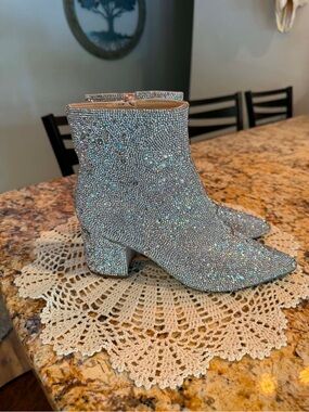 Betsey Johnson Silver Rhinestone Women's Ankle Boots Size 6.5